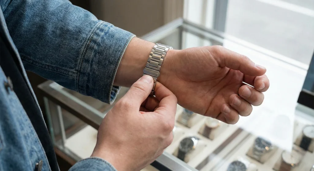 A close-up view of a person's hands adjusting the metal clasp of a silver watch on their wrist.